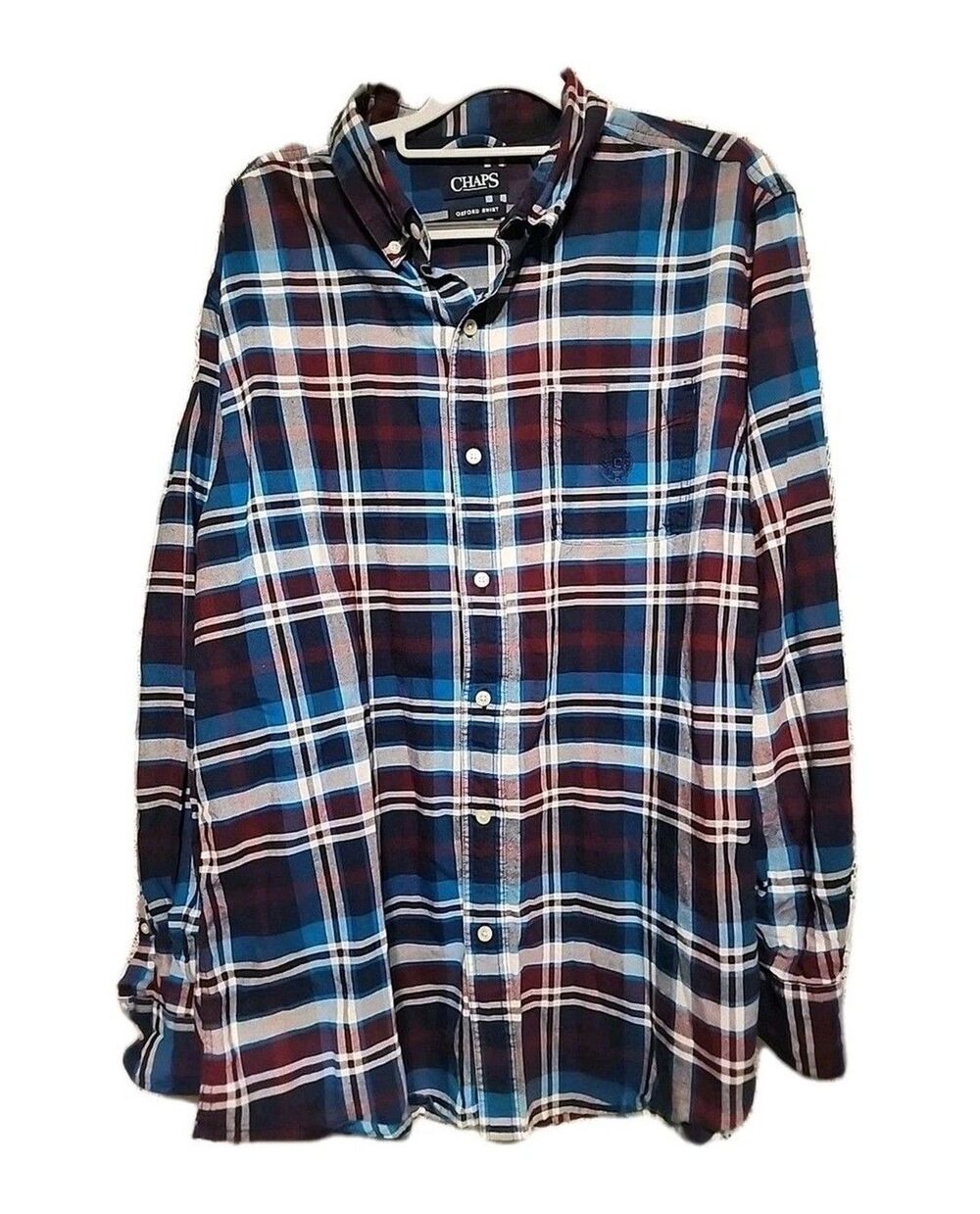 Chaps Men’s Large Classic Oxford Shirt Long Sleeve Blue Red White Plaid Button